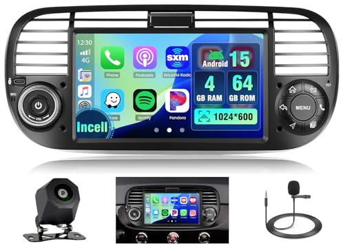 Hikity 4+64G Android Autoradio mit Bildschirm für FIAT 500 2007-2015 Autoradio mit Navi 7 Zoll IPS Bildschirm Wireless Carplay/Android Auto/FM/RDS/Rückfahrkam