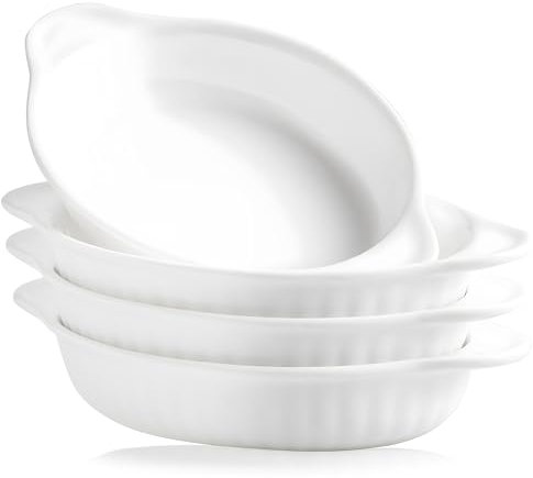 UIBFCWN Porzellan Auflaufform 4er Set, Kleine Auflaufformen mit Griffe, Mini 350ML Backformen für Fritteuse, Zum Zubereiten, Servieren, Warmhalten und Einfrieren - 21x12,6x3,7 cm
