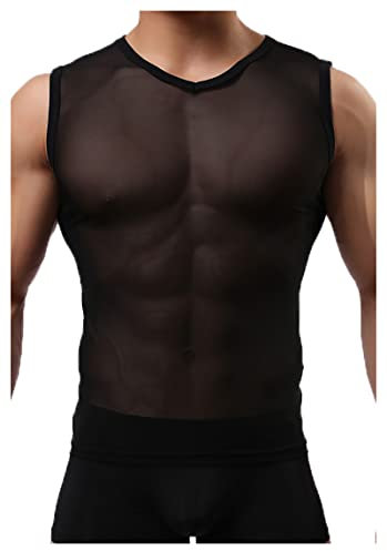 Detwen Herren Tank Top Durchsichtig Muskelshirts mit Rundhalsausschnitt Ärmellos T-Shirt Männer Mesh Unterhemd Schwarz M