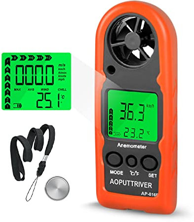 Anemometro Portatile, AP-816B Misuratore Di Velocità Del Vento, Anemometro con Termometro Retroilluminato per Misurare la Velocità, HVAC CFM, Volo con Drone, Pesca, Vela