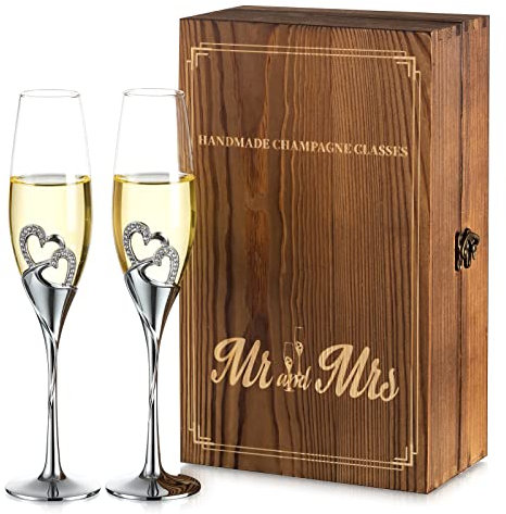 NUPTIO Sektgläser Hochzeit für Brautpaar 2er set: Personalisierte Kristall Hochzeitsgeschenke für Brautpaar, Silbernes Geschenkset Verlobung Anstoßen Jahrestag, mit Geschenkbox aus Holz