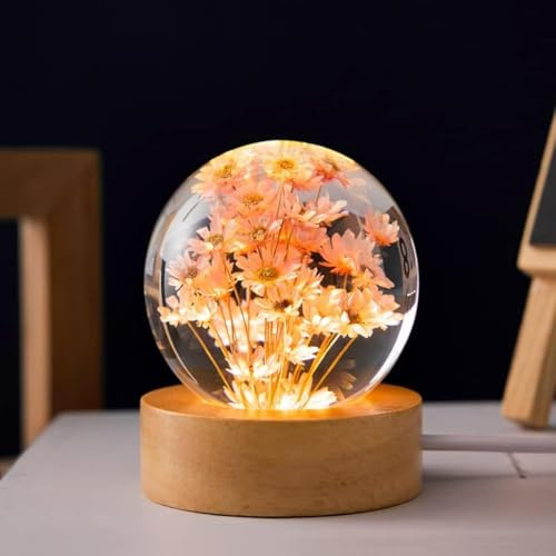 MARZIUS Luce notturna a forma di fiore con sfera di cristallo, 6 cm, lampada da notte con base in legno (margherita rossa)