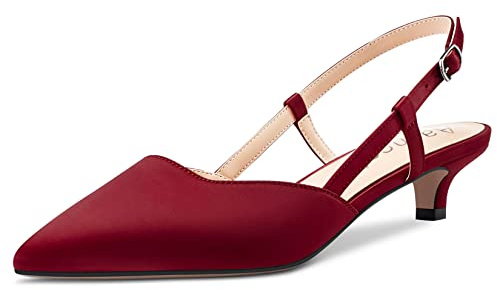 Aachcol Femmes Bas Kitten Talon Heel Escarpins Pointu Bout Lanières Cheville Slingback Dress Chaussures Sandales Bureau Party Mariage Satin Bourgogne Rouge 3.5 CM 43 EU