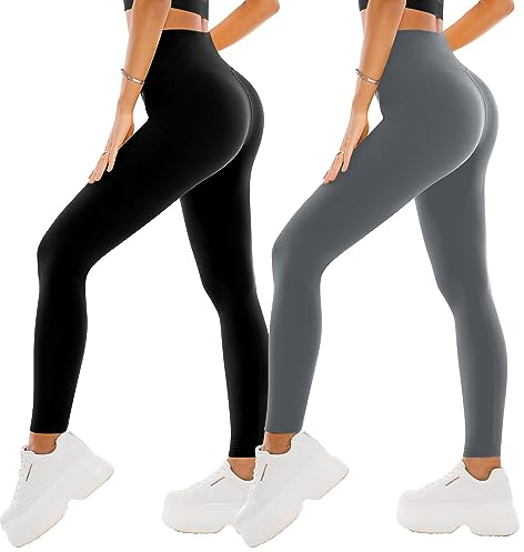 SINOPHANT 2 confezione leggins sportivi donna a vita alta, pantaloni Yoga Controllo della Pancia Opaco Elastici Leggings,S-M,nero/grigio