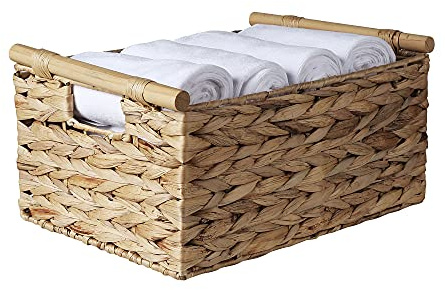 Hand-Woven Water Hyacinth Storage Basket With Handle - Rectangular Magazine and Towel Storage for Living Room, Bathroom, Office (Large 14.3 x 10.6 x 6.4 In)