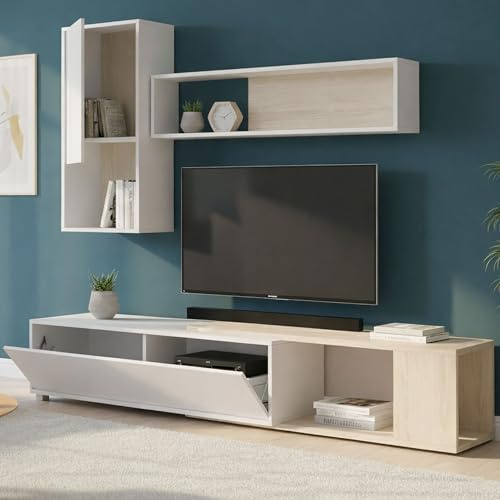 Dmora Parete Attrezzata Legnone 41x230x180h cm Bianco Lucido 4 Ripiani Modulabile, Apertura Battente e Push Pull