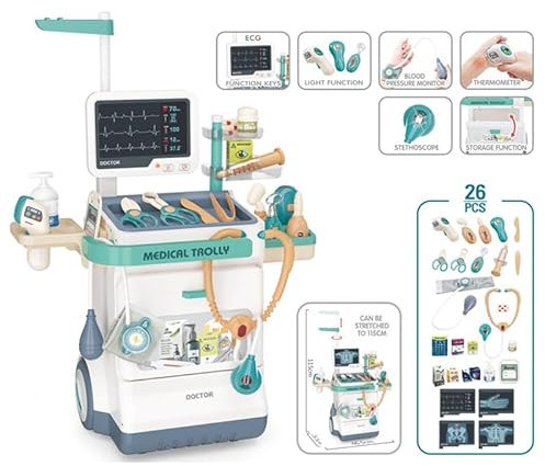 Serena & Jewel Kit für Kinder, 26 Zubehörteile, Medizinische Simulationsstation Set, Mobile Wagen mit Lichtern, Thermometer, Stethoskop, Lernspielzeug für Jungen und Mädchen (26 Teile)