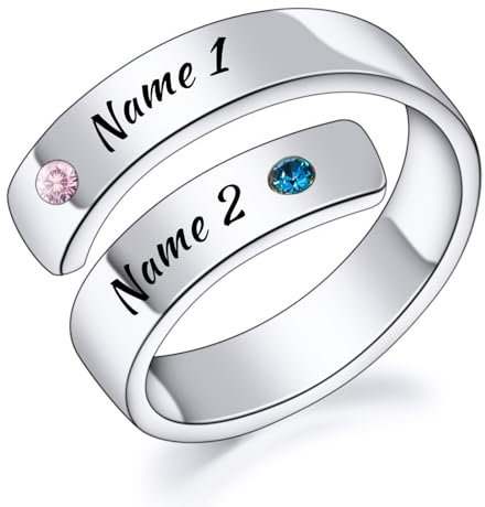 INBLUE Personalisierte 925 Sterling Silber Spirale Twist Ringe für Frauen Gravur Name/Datum mit Geburtssteinen Einstellbare Offene Wickel Band Versprechen Ringe Geschenk für Hochzeit Engagement - A2
