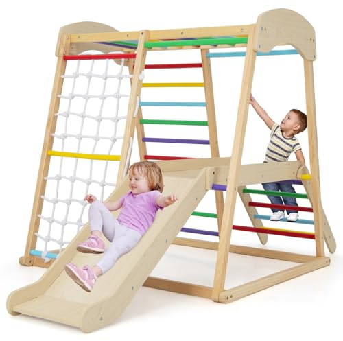 DREAMADE Klettergerüst Indoor Kletterspielzeug mit Rutsche Kletterleiter Kletternetz Affenstange, Spielturm Spielplatz Montessori Kletterdreieck aus massivem Kiefernholz für Kinder ab 1 Jahr (Bunt)