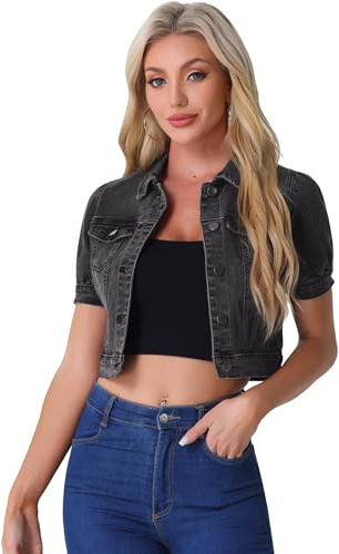 Allegra K Chaquetas de mezclilla lavada para mujer Chaqueta vaquera recortada de manga corta abullonada Gris Oscuro L