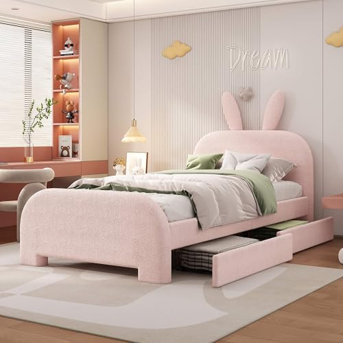 YCYDHDM Cama tapizada de 90 x 200 cm con 2 cajones y somier, cama individual con cabecero, estructura de metal, cama para niños y niñas, tejido no tejido, sin colchón, color rosa