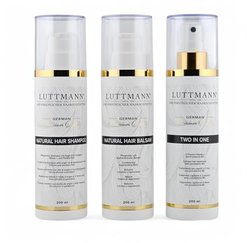 LUTTMANN® Natural Hair Care Set - Shampoo + Balm + Two In One Spray 200 ml Each - Intensive Care for All Real Hair Wigs, Hairpieces, Extensions and Own Hair