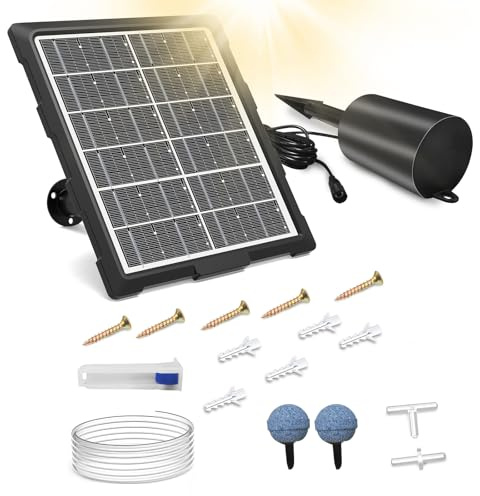 UKSUNVI Aérateur solaire de bassin avec minuterie, pompe à air solaire pour bassin extérieur, 3 W et 2200 mAh, pompe à air solaire avec régulateur de bulles pour petit bassin à poissons, aquarium