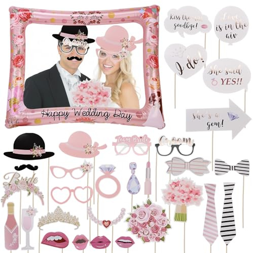 32 pezzi scatola fotografica accessori per matrimonio, foto oggetti di scena matrimonio e foto booth coppia di sposi gonfiabili cornice portafoto e pompa ad aria