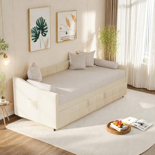 SHAODENG Cama de día extensible, sofá cama 90 x 200 cm, cama con somier, sofá cama juvenil o cama de invitados, sofá cama de 2 plazas para salón, dormitorio, beige, terciopelo, sin colchón