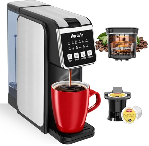 Horavie Single Serve Coffee Maker with Built-in Grinder, Fast Brew 6-16oz Single Cup for Whole Beans, Grounds, K-Cup, Grind and Brew Coffee Maker with 47oz Water Tank, Descaling Alert, Black