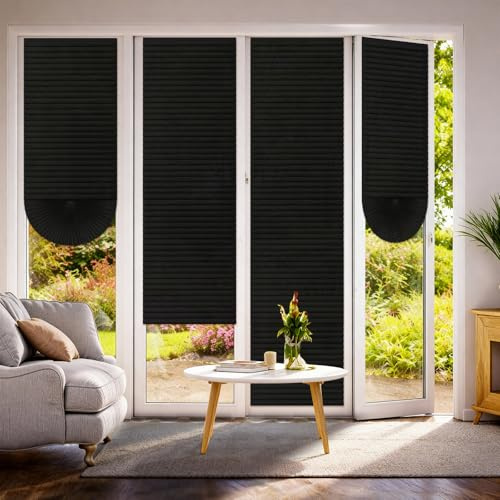 Threehoney 4 Pcs 24 x 110 Inches Temporary Blinds for Indoor Windows No Tools Cut to Size Fabric Paper Pleated Shades Adhesive Privacy Blinds for French Door Sliding Door Light Filtering(Black)