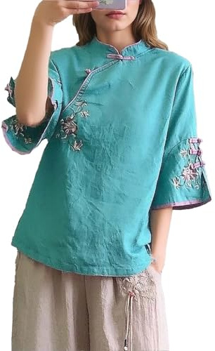 Ladies Blouses Chinese Floral Embroidery Shirt Short Sleeve Frog Button Mandarin Collar Cotton Linen Casual Frog Button Chinese Traditional Martial Arts Kung Fu Tai Chi Tang Suit Shirt