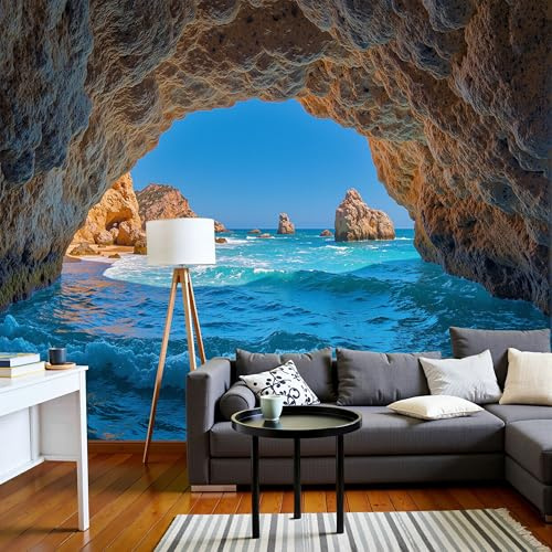 Fotomurales Cuevas Naturales, 300x210cm Papel Tapiz Fotográfico Estilo De Fotografía Playera Papel Pintado Decorativos Murales para Dormitorio Comedor Oficina Hotel Pasillo, Azul Oscuro