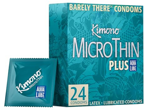 Kimono Microthin Plus Pack of 24 - Premium Lubricated Natural Latex Condoms, Ultra Thin with Extra Moisture and AquaLube, Vegan-Friendly, No Latex Odor - Enhanced Sensitivity