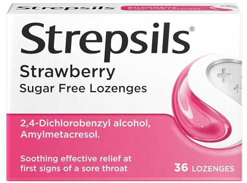 Strepsils Strawberry Lozenges, 36 Count - Fast-Acting Sore Throat Relief, Germ-Fighting, Pain-Relieving, Works in 5 Minutes