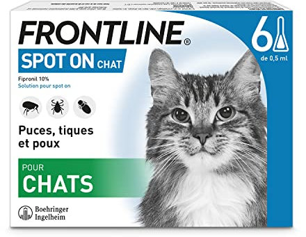FRONTLINE Spot On Chat - Anti Puces, Tiques & Poux broyeurs - Protège L'Animal pendant 4 semaines contre les Puces, 2 semaines contre les Tiques - Fabriqué En France - 6 Pipettes Application Spot On