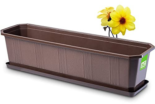 KADAX Blumenkasten 60 cm, Braun – Pflanzkasten mit Untersetzer, rechteckiger Blumentopf aus Kunststoff, Pflanzgefäß für Innen- und Außenbereiche, Balkon und Terrasse