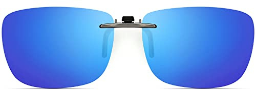 CAXMAN Polarized Clip On Sunglasses for Prescription Glasses Men & Women w/Blue Mirrored Lens Compact Fit Non Flip Up Large