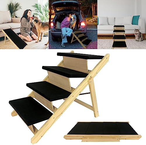YUENFONG 2 in1 Hunderampe Haustiertreppe Auto Klappbar mit 4 Stufen & Anti-rutsch rutschfeste Katzentreppe Umkehrbar Tiertreppe aus Kiefernholz bis zu 80kg Hundeleiter für Katzen Balkon Sofa, Typ B