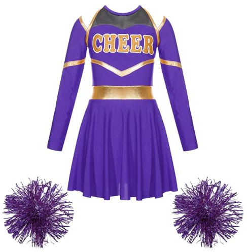 Alvivi Mädchen Cheerleading Kostüm Cheer Leader Langarm Kleid mit Pompoms Schulmädchen Uniform Halloween Karneval Fasching Partykleid Lila 134-140