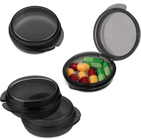 WLLHYF 4 Stück Mini-Pillen-Organizer kleine Pillendose niedliches tragbares Pillenetui für Taschen Geldbörsen Reisen Aufbewahrungsbehälter Ohrstöpsel-Etui Medikamenten-Vitamin-Spender (Schwarz)