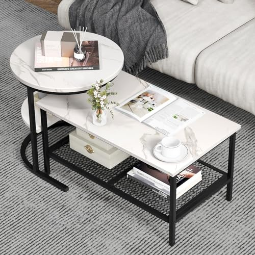GIANTEX Set di Tavolini da Caffè a 2 Pezzi, Tavolini Sovrapponibili a 2 Livelli con Piano in Marmo Finto e Struttura in Metallo, Tavolino Rettangolare e Tavolino Rotondo (Nero+Bianco)