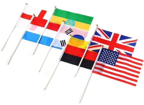 Rockreyoa Lot de 32 drapeaux à main de différents pays avec bâton de drapeau - Petits drapeaux nationaux - Décorations de fête pour jeux Coupe du monde - Fête sportive - 14 x 21 cm