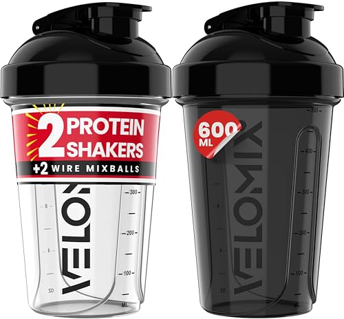 VELOMIX -2 PACK- upto 600ml Protein Shaker Bottle - 2x Wire Mixball for Lump-Free Shakes | Leak Proof Shaker for Protein Shakes | Protein Shake Bottle for Mixing Powdered Shakes | BPA-Free Shaker Cup
