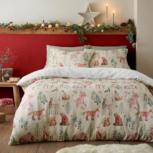 Fusion Woodland Animals Duvet Cover Super King Bed Teddy Fleece Winter Bedding (260x220cm) – Reversible – 2 Pillowcases – Natural Christmas Design – Soft Festive Bedding, Cream