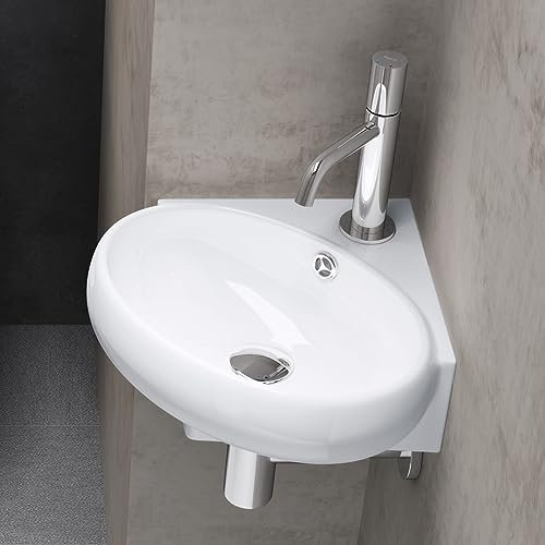 doporro Lavabo à Suspendre Vasque à Poser en Céramique Blanc pour Toilettes Invités 395x385x145mm Bruxelles002