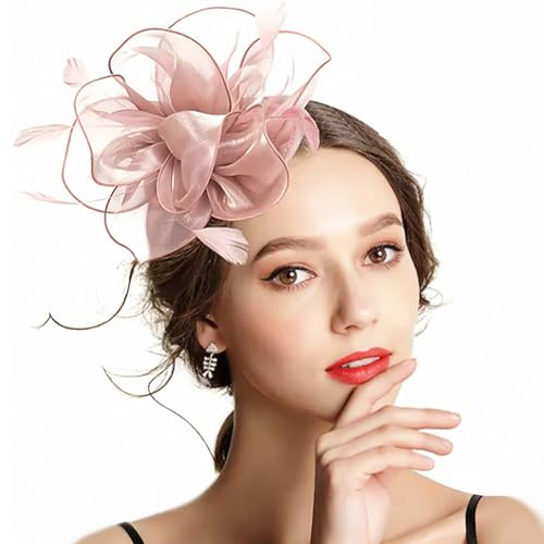 Pink Fascinators for Women with Feathers & Silk Flowers - Fascinators for Weddings Headband Adjustable Hair Clip, Ladies Royal Ascot Tea Party Bridal Headwear Pink Fascinator Hat Accessorie
