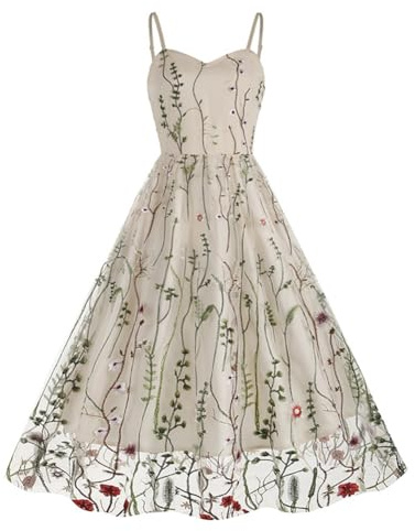 Femmes Années 50 Robe en Tulle à Bretelles Spaghetti Cocktail Party Prom Robe Broderie de Fleurs Robe d'été A-Line Flowy Swing Midi Robe Jupe Vintage en Maille Robes de Mariage de Mariée