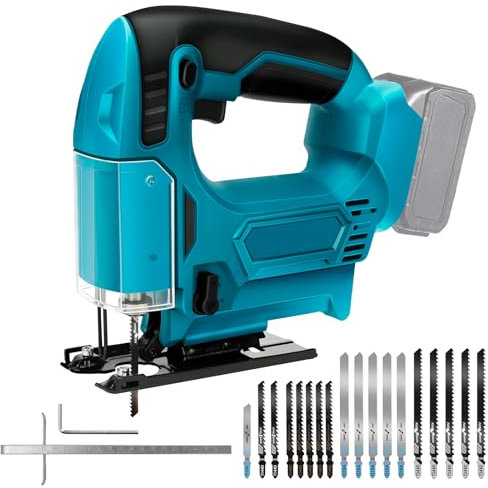 Sierra de calar sin cable con 4 ajustes orbitales, Caladora eléctrica de 2400SPM compatible con Makita 18V batería, con ajuste de bisel de 45° y 18 cuchillas para madera y metal (sin batería)