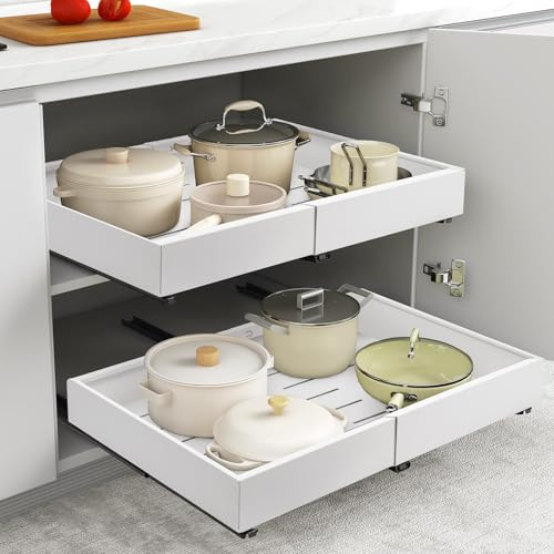 Trintion Pull Out Cabinet Organizer, Adjustable Expandable Slide Out Drawer, Roll-Out Sliding Drawer Organiser Shelf for Kitchen & Bathroom Storage,Easy Installation with Adhesive Film (White)