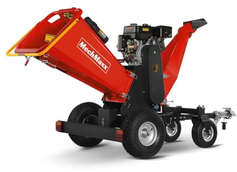 MechMaxx 6 inch ZONSEN 459cc 15hp E-Start Gas Powered 4-Wheels Wood Chipper Shredder Mulcher with Towbar/Tail Light/Emergency Stop Button/Stop Bar, Model B150 Red
