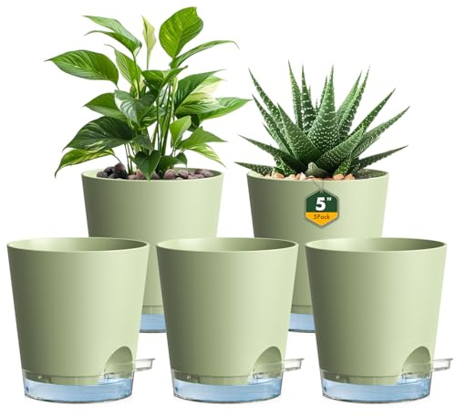 Homeuouz 12 cm Self Watering Pots With clear reservoir, 5 Pack Plastic Flower Pots with Drainage Holes and Saucer, Indoor plant pots for Herbs and All House Plants, Green