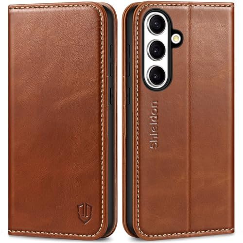 SHIELDON Case for Galaxy S25 FE, Genuine Leather Wallet Folio Case [Kickstand][RFID Blocking][Card Holder] Magnetic Full Protection Phone Cover Compatible with Galaxy S25 FE 2025 - Retro Brown