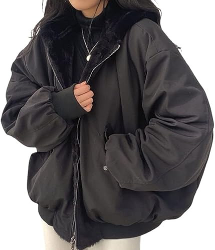 Generisch Abrigo de invierno moderno y elegante para mujer, chaqueta de invierno para mujer, abrigo de invierno en ambos lados, parka con capucha de piel, forro polar cálido, chaqueta de invierno de