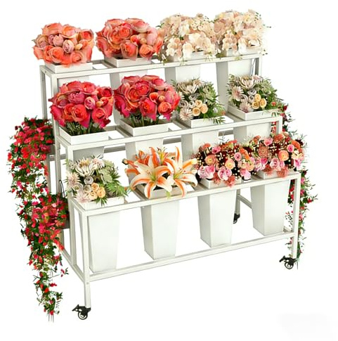 GAOWFEH Three-layer Heavy-duty Metal Flower Bar Stand, Flower Cart Display Stand with 12 Flower Barrels and Wheels, Wedding Decoration,and Flower Shop Display