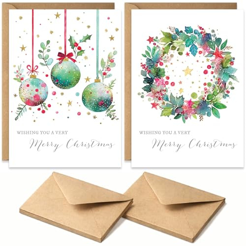 Set of 20 Christmas Cards Multipack, Blank Inside with Envelopes, Modern Contemporary Colourful Wreath Baubles Design, For Family Friends 'Merry Christmas', Multi-pack Bulk Set