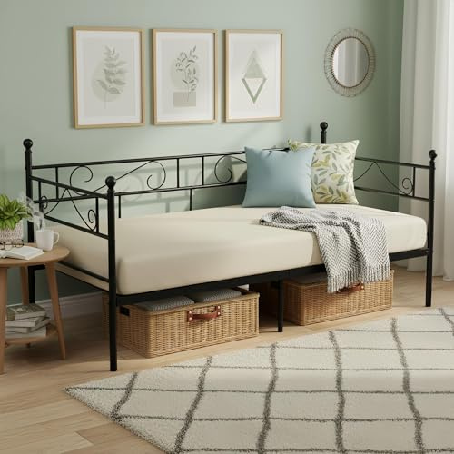ZECIIYE Dagsäng i metall 90 x 190 cm - Enkelsäng - Med eleganta mönster - Säng med förvaringsutrymme - Gästesäng - Dagsäng för sovrum och vardagsrum - Svart