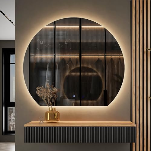 Planetmöbel Ensemble de vestiaire pour couloir avec table console 100 cm, y compris miroir avec éclairage demi-rond, console murale 100 x 16 x 35 cm (chêne doré/noir), miroir mural Aube 100 x 90 cm