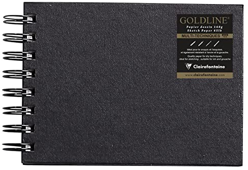 Clairefontaine 34259C Carnet Spiralé Goldline - 64 Feuilles Papier Dessin Blanc - A6 10,8x14,8 cm 140g - Format Paysage - Couverture Rigide Noire Imitation Toile