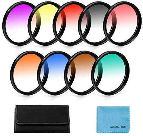 Lot de 9 filtres d'objectif de Couleur graduée de 55 mm, pour Appareil Photo Reflex numérique Canon Nikon Sony Pentax Olympus Fuji avec Sac de Filtre à lentille et Chiffon de Nettoyage pour lentilles